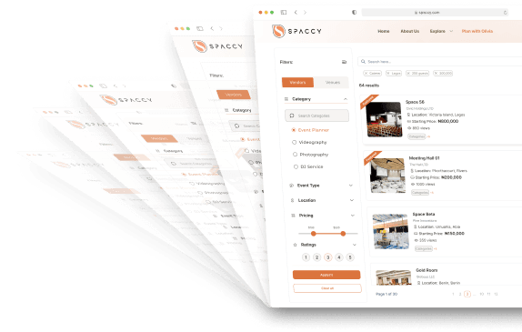 Spaccy search results with filters and vendor listings